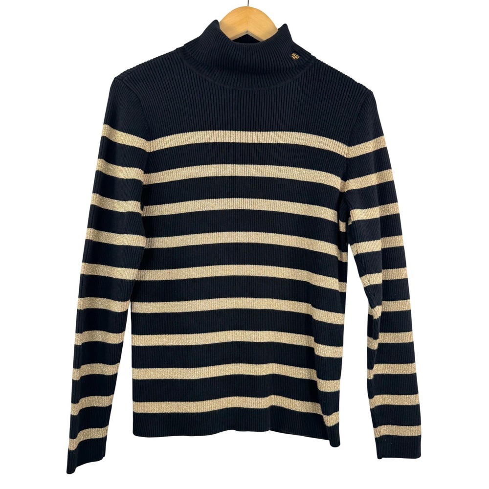 Lauren Ralph Lauren ribbed‎ turtle neck sweater embroidered striped sz L